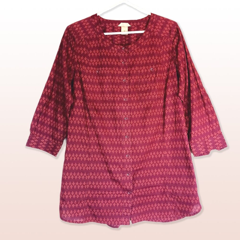 Duluth 100% Organic Cotton Burgundy Long Tunic Shirt ¾ Sleeves Size M